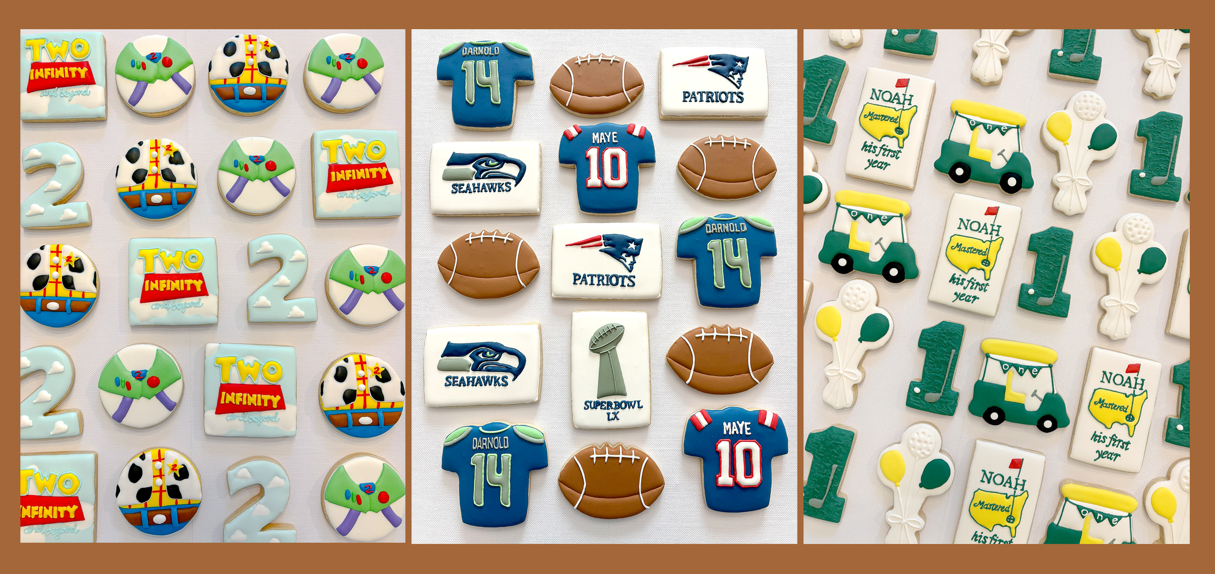 Decorative cookies celebrating various themes: colorful game-themed cookies, football cookies, and sports-themed cookies, including ones for the Seattle Seahawks, New England Patriots, and a graduating celebration for Noah.