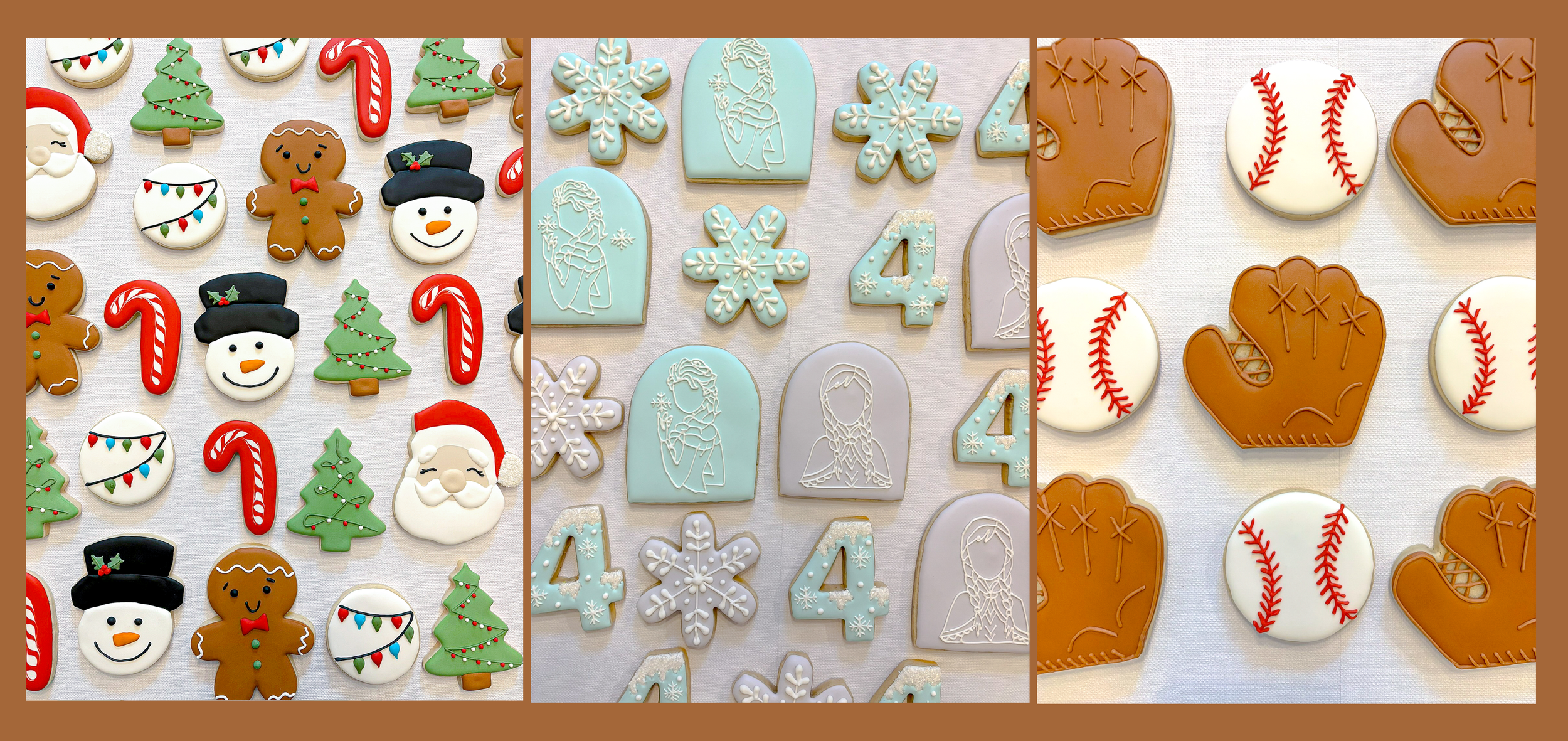 A collage of decorated Christmas cookies. The first section shows cookies shaped like Santa, gingerbread men, snowmen, Christmas trees, and candy canes. The middle section features cookies with winter scenes, snowflakes, and the number four. The third section has cookies decorated like baseball gloves and baseballs.