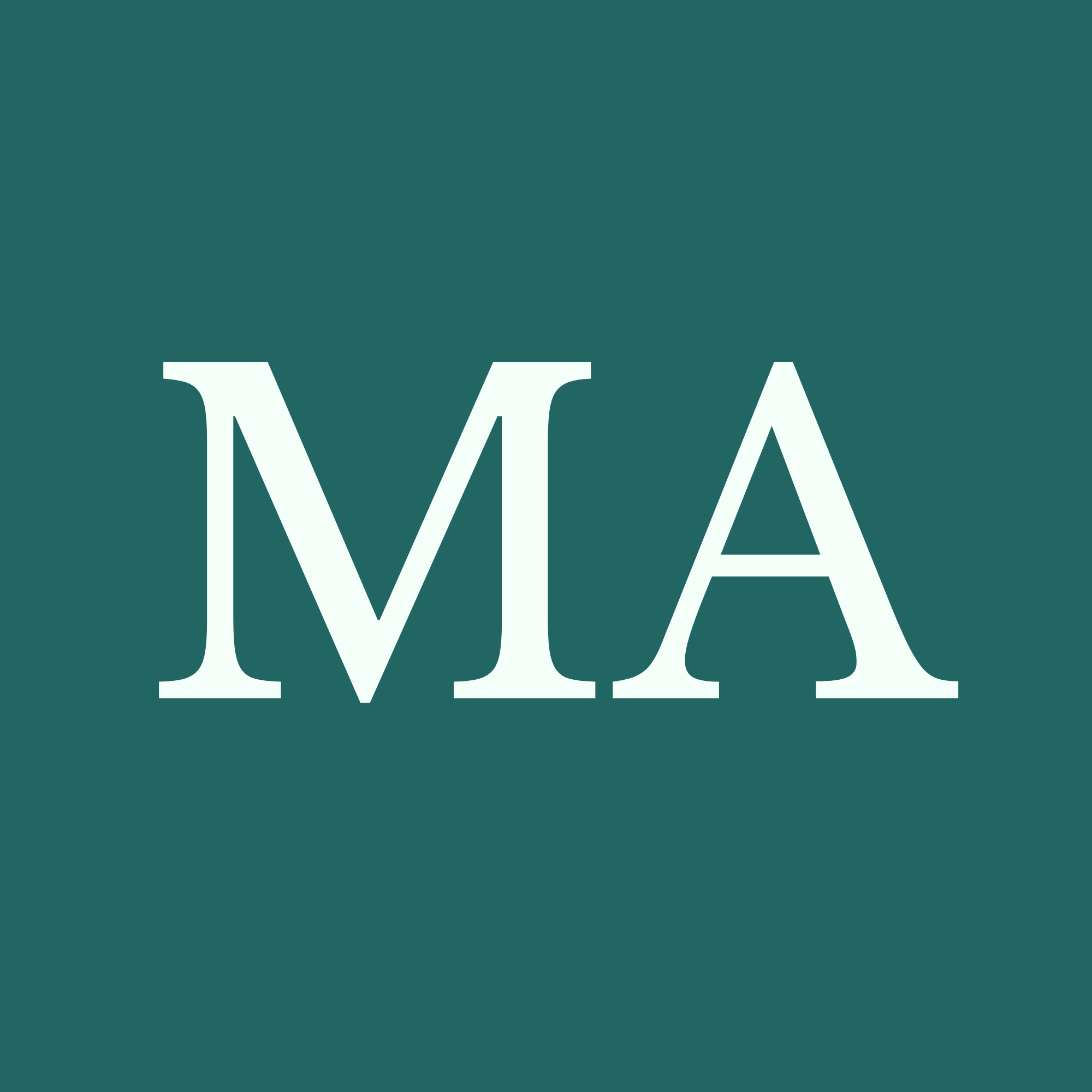 Large white letters 'MA' on a teal background.