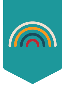 Colorful rainbow logo with multiple arches in white, yellow, teal, and red on a teal background.