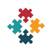 Four puzzle pieces in red, yellow, green, and blue interconnected, on a black background.