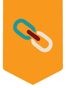 Illustration of three interconnected links in blue, red, and white on an orange background.