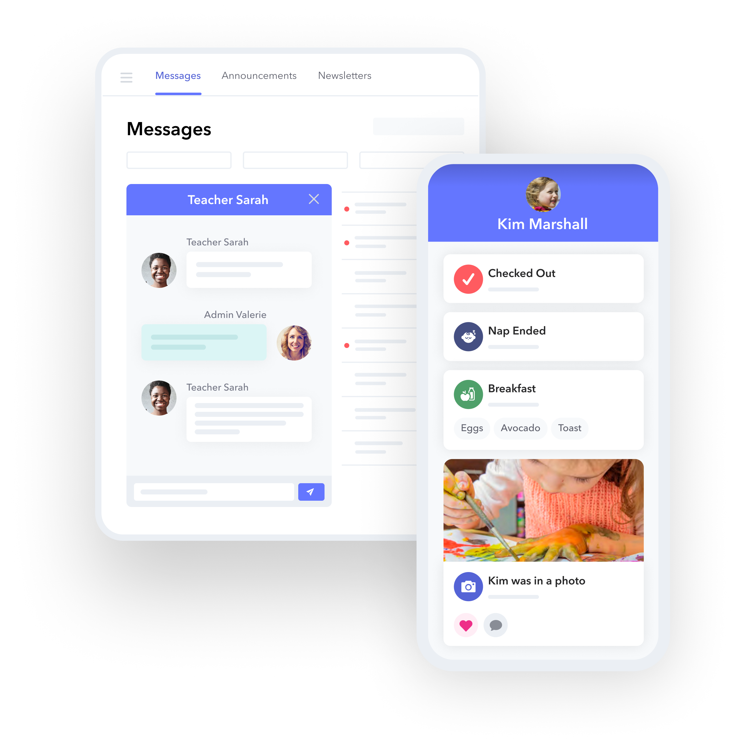 A digital interface showing a messaging app between teachers and parents, with a profile of a child named Kim Marshall, who has checked out, ended nap, and had breakfast including eggs, avocado, and toast, with a photo of Kim painting.