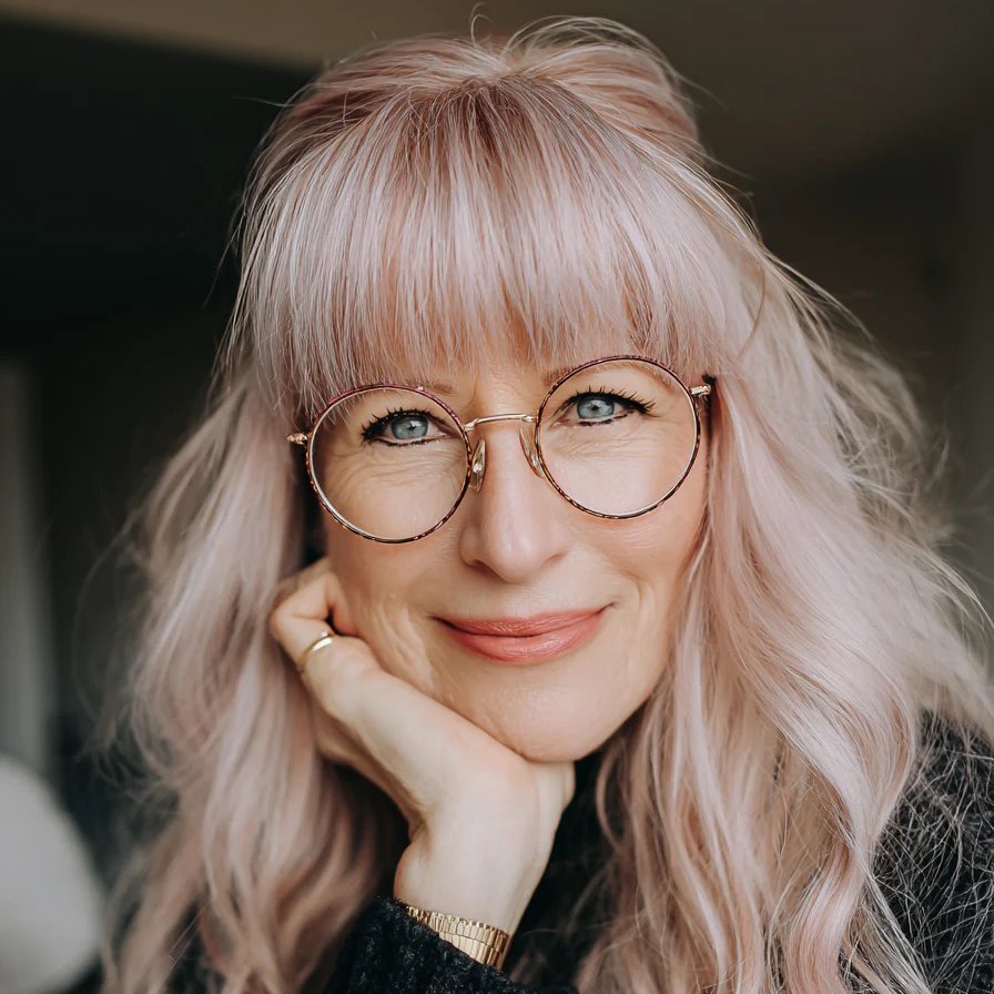 A woman with long, wavy, pale pink hair and glasses smiling with her head resting on her hand.
