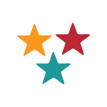 Three multicolored stars (orange, red, and blue) arranged in a triangular pattern.