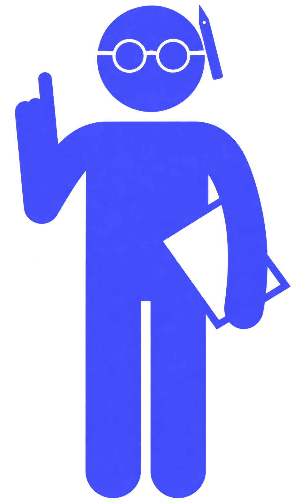 Een blauwe, simpele lijntekening van een persoon die glasgerelateerde accessoires draagt, met een hand die een vinger opsteken en een schoolmerkhanger in de andere hand.