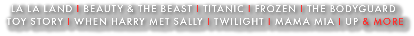 List of movie and TV show titles: La La Land, Beauty & The Beast, Titanic, Frozen, The Bodyguard, Toy Story, When Harry Met Sally, Twilight, Mama Mia, Up, and More.