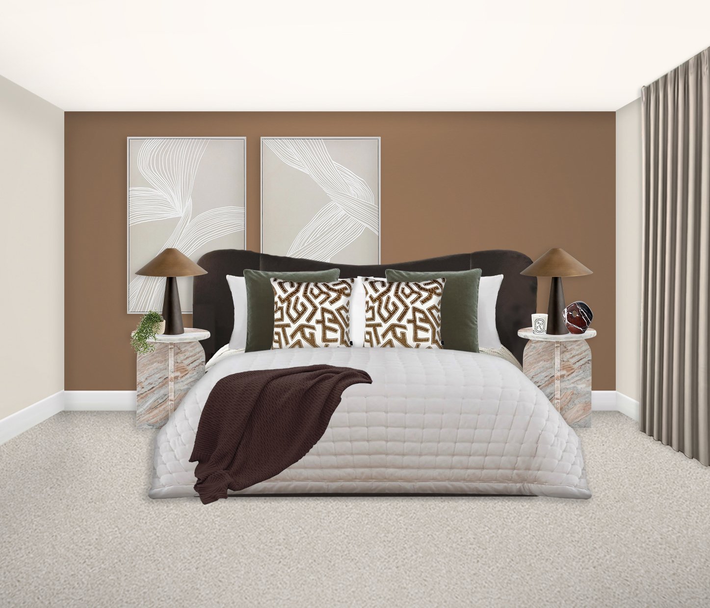 A modern bedroom with a curved headboard, decorative pillows, two bedside tables with contemporary amps, and abstract wall art behind the headboard.