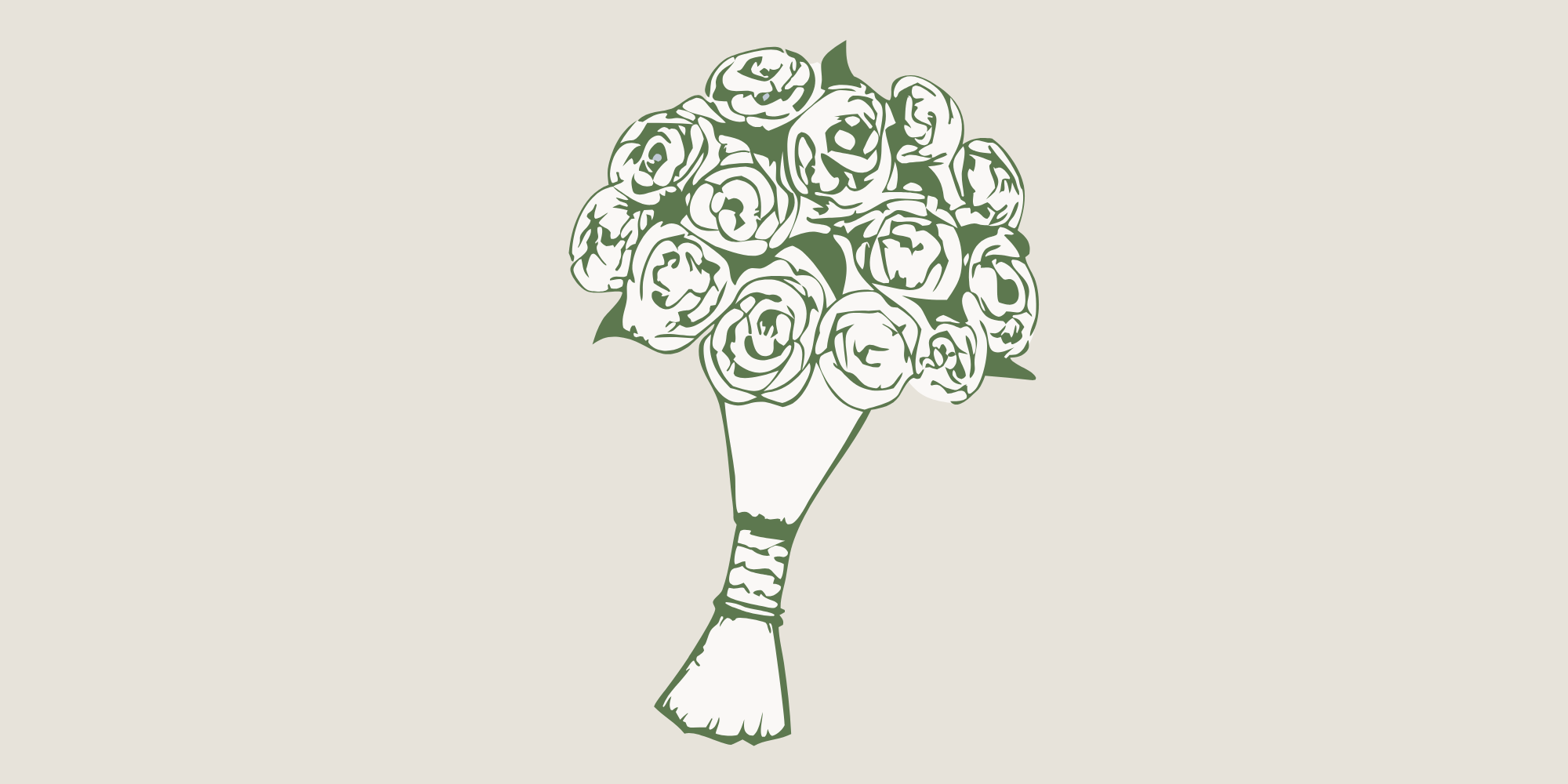 Line drawing of a bouquet of roses in a cone-shaped wrapping, with leaves visible.