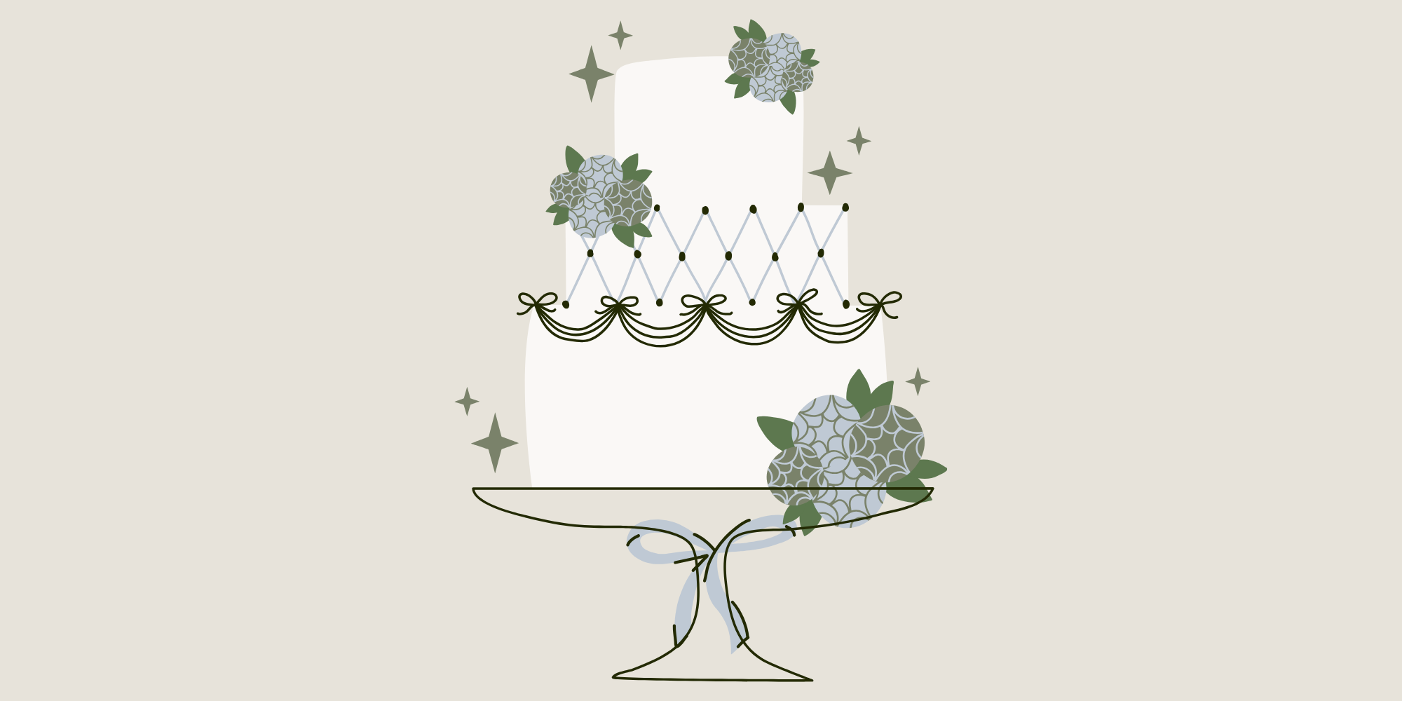 A stylized illustration of a layered birthday cake with floral decorations in muted tones, presented on a cake stand with a tied ribbon and surrounded by star-like accents.