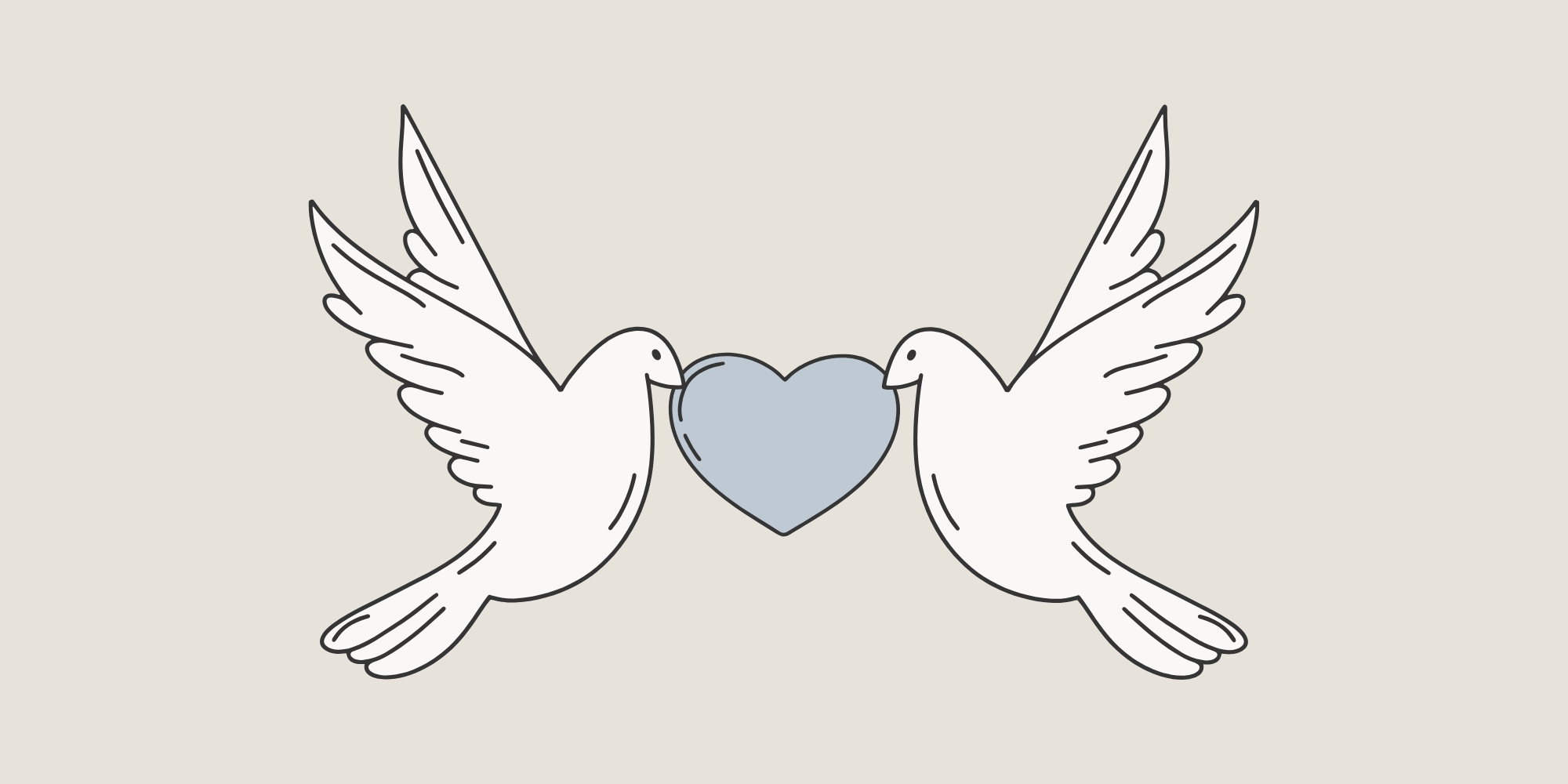 Two white doves with outstretched wings holding a blue heart between their beaks.