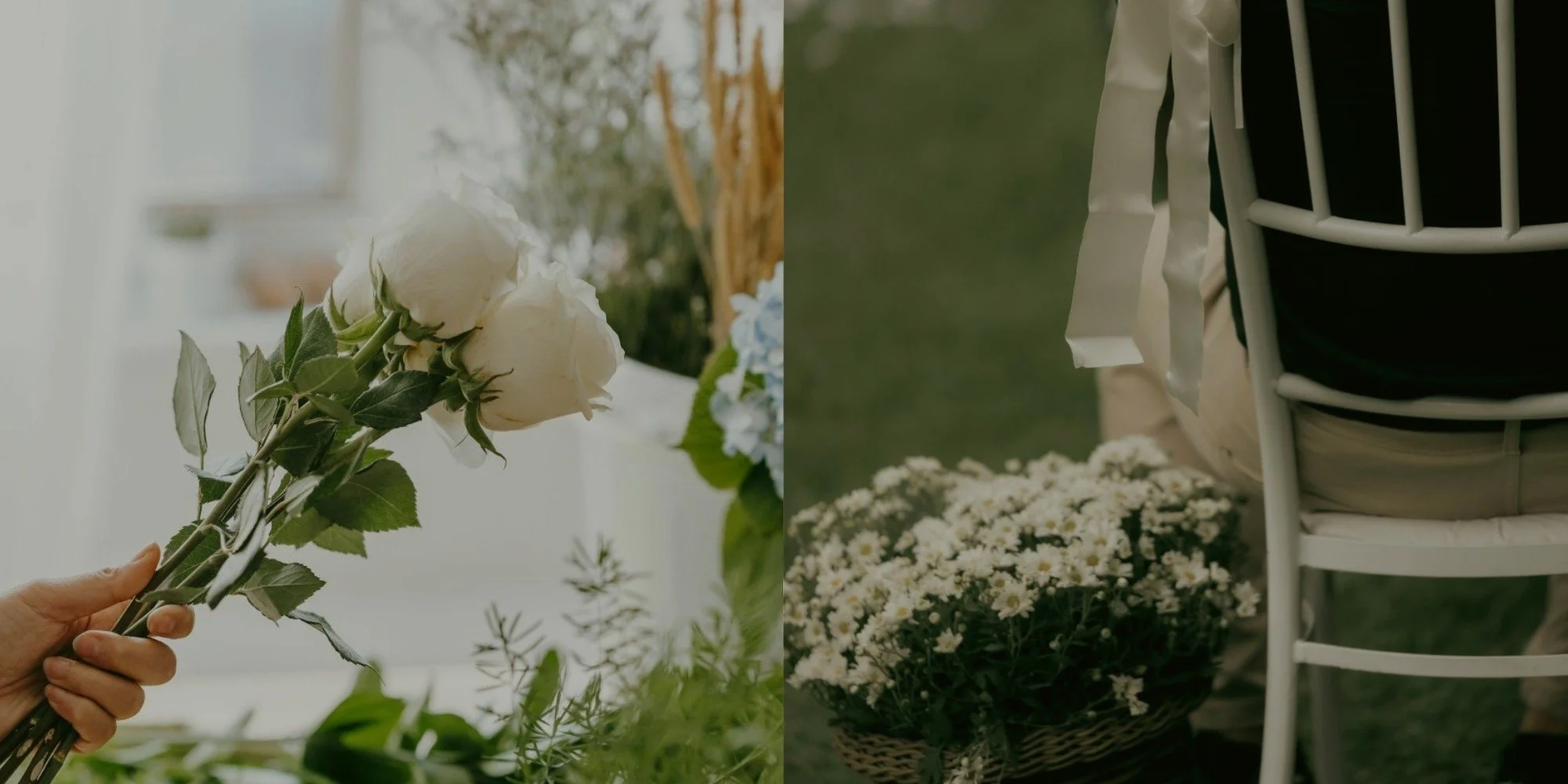 A hand holds a bouquet of white roses and green leaves on the left, while a person standing next to a white chair with a basket of white daisies on the ground is on the right.