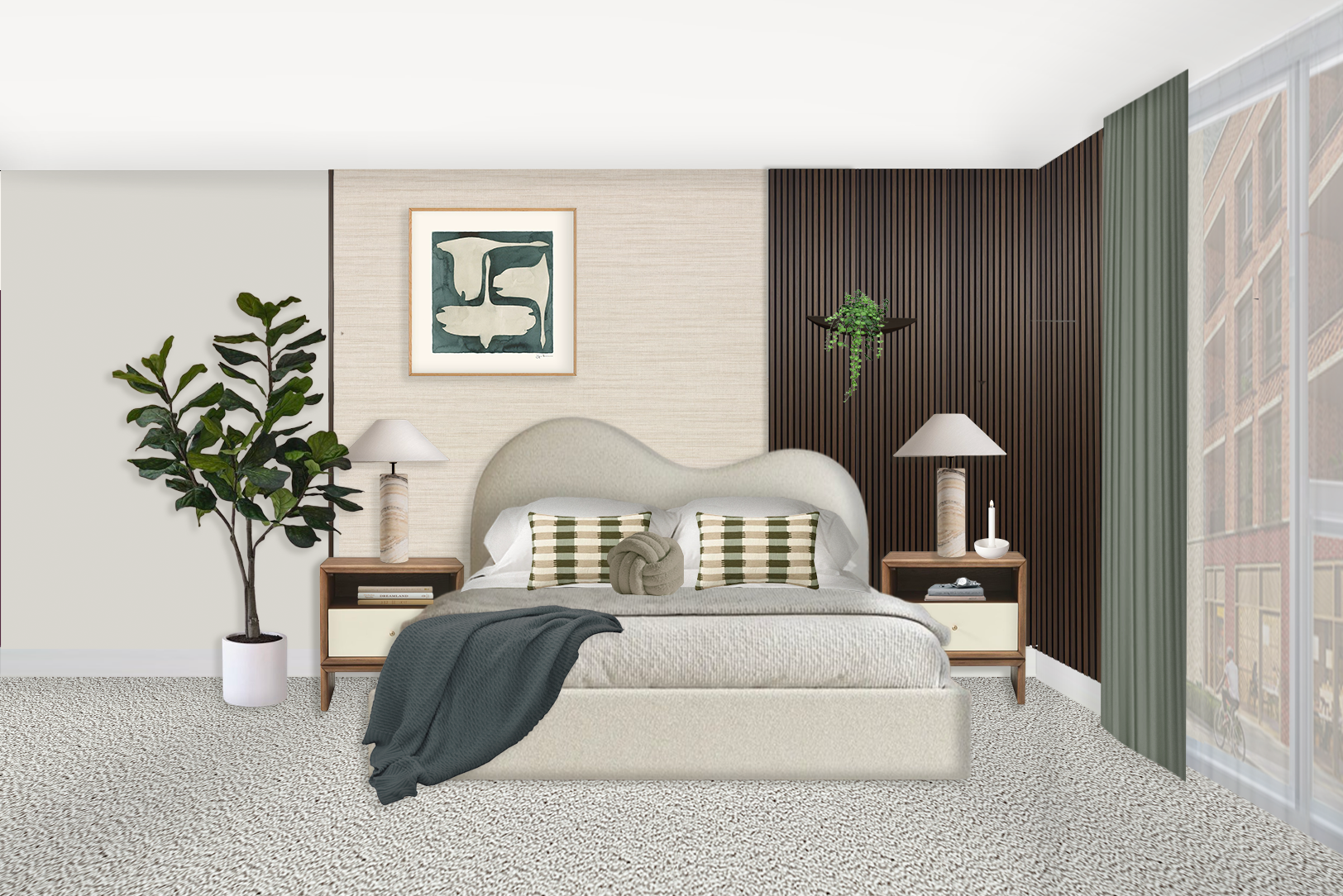 Contemporary bedroom with a large bed, green and beige color scheme, wooden nightstands, and large window with green curtains.