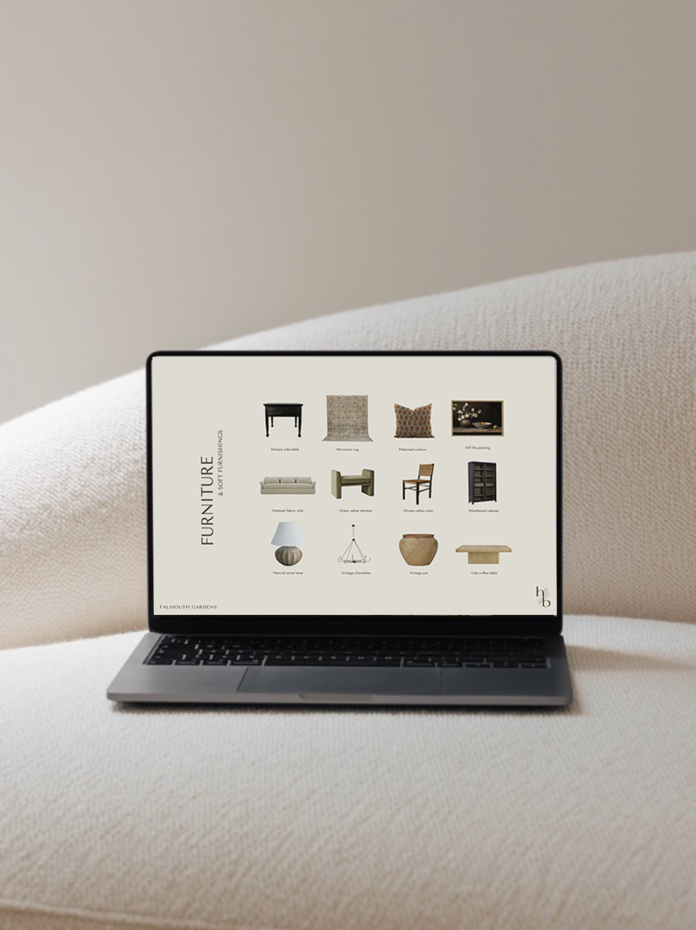 Laptop on a light-colored, textured sofa displaying a webpage for furniture items including a table, rug, pillow, sofa, armchair, cabinet, lamp, chandelier, pot, and table.