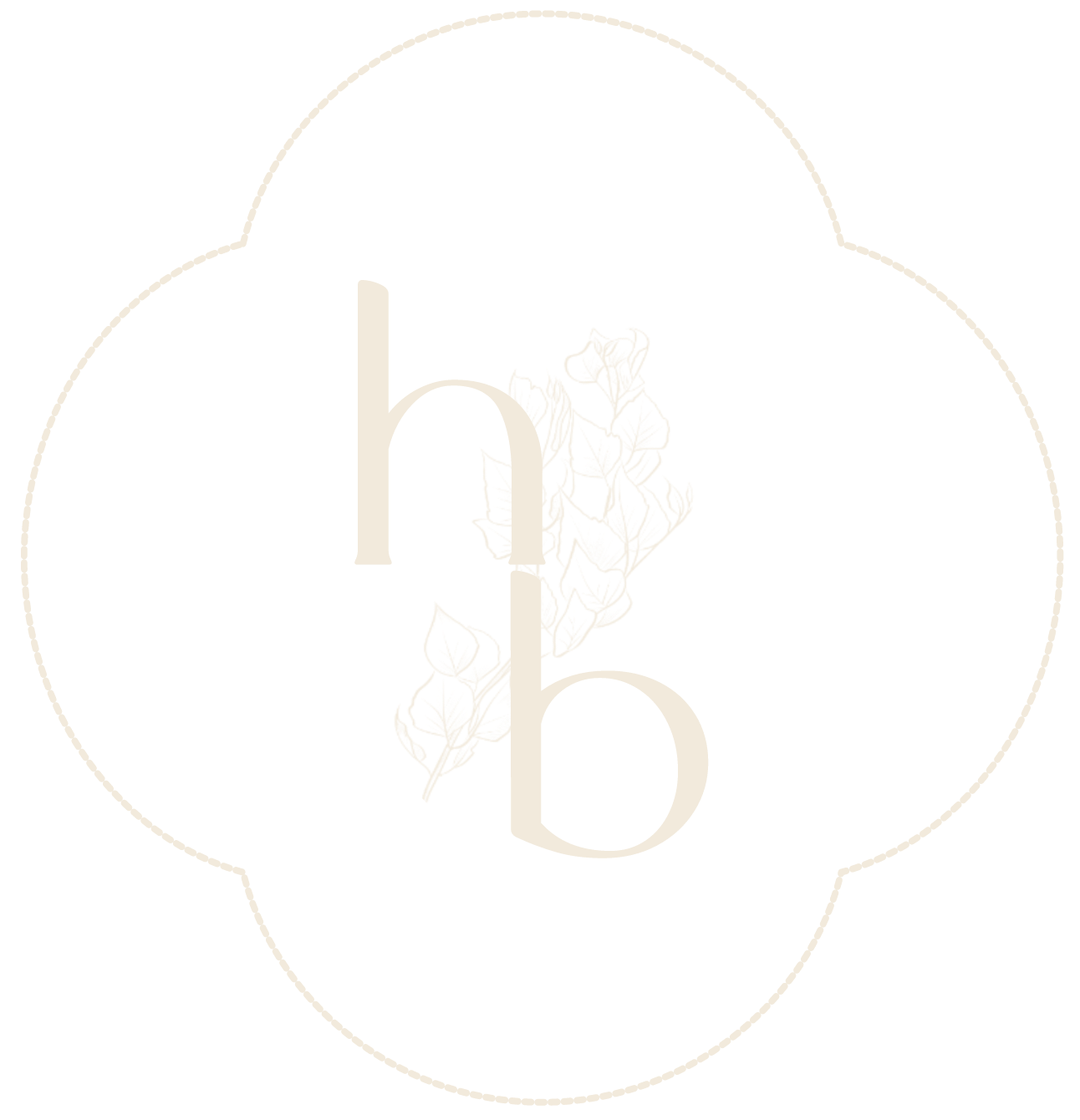 Black circular logo with white outline and decorative edges, featuring a stylised lowercase "h" and "b" intertwined in the centere, surrounded by a leaf illustration.