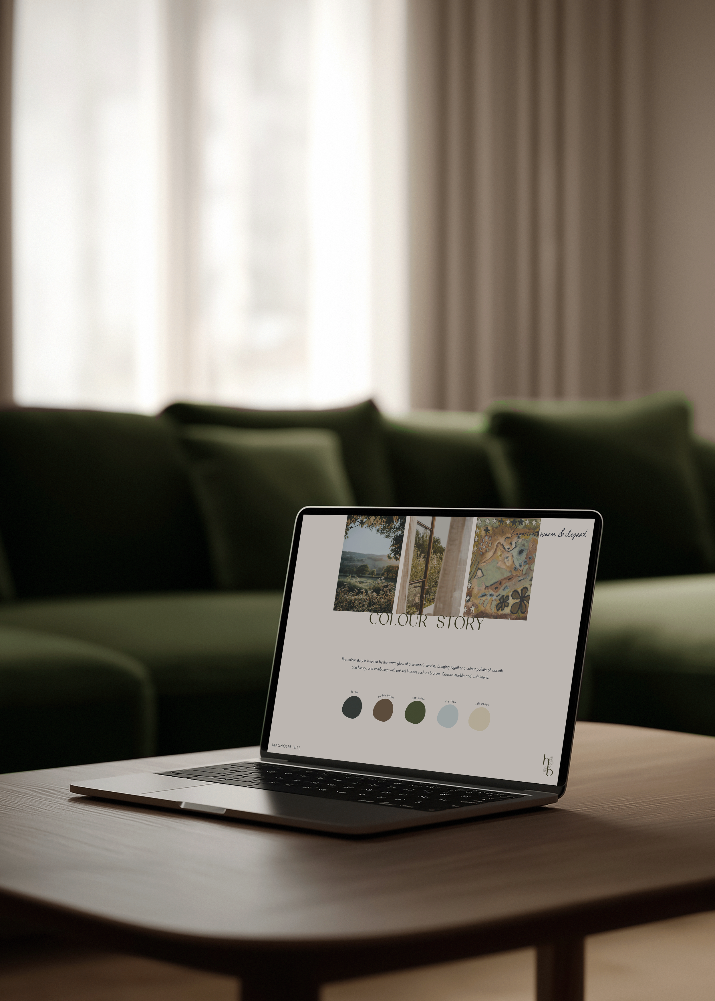 A laptop on a wooden table displaying a colour palette and art description, with a blurred background of chairs and curtains.