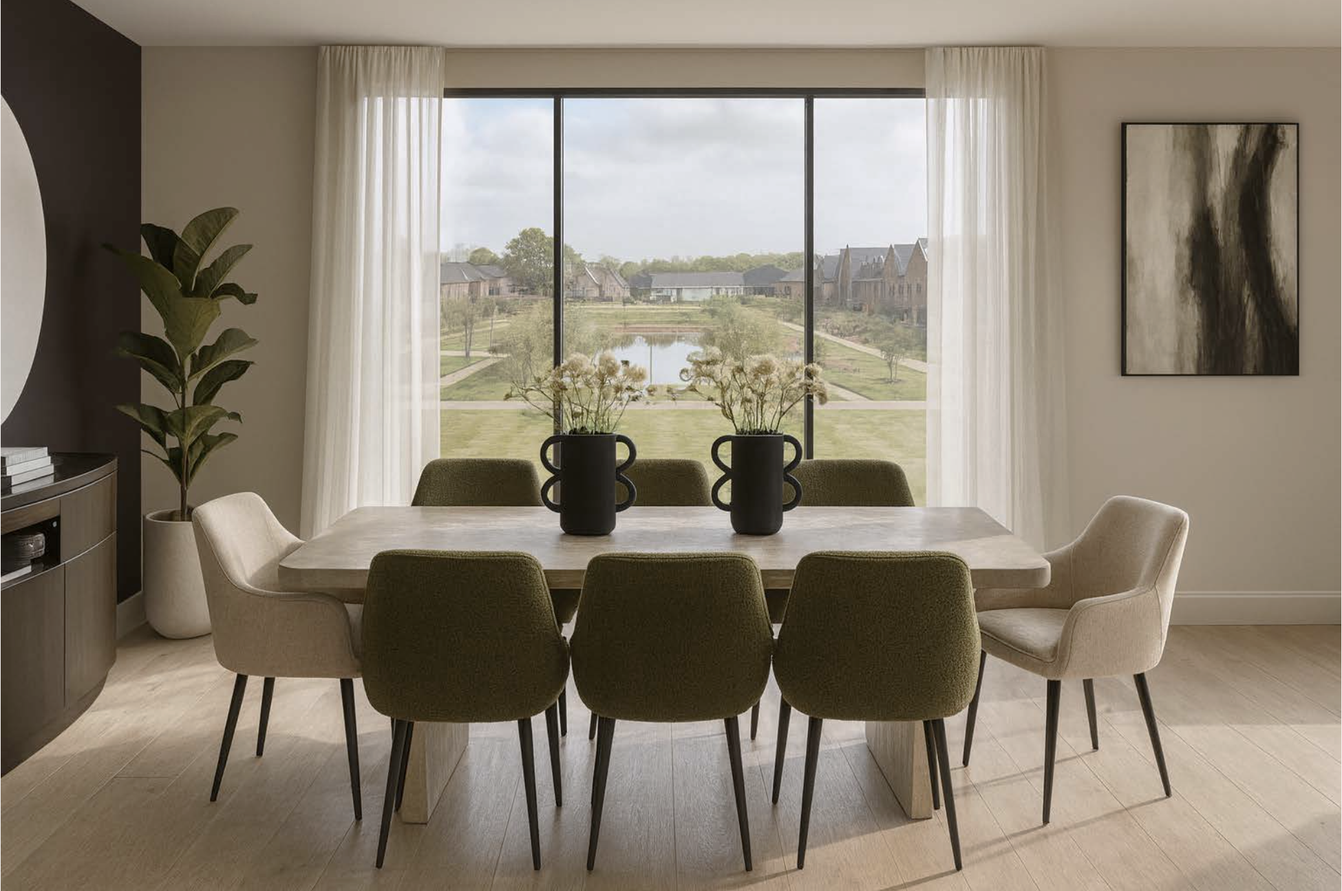 Modern dining room with a large window view of landscaped gardens, olive green and cream coloured chairs, a light wood table, black vases with white flowers, abstract wall art, potted plant on left.