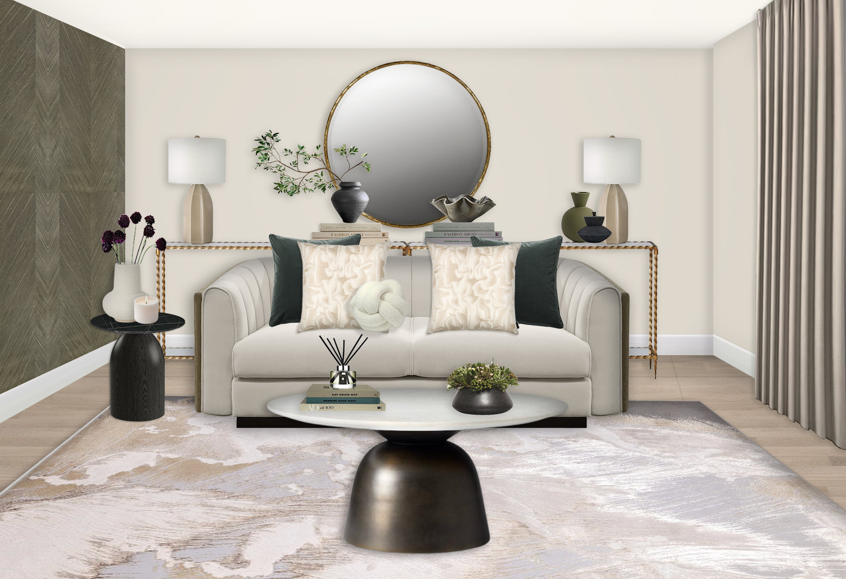 Modern living room with a neutral sofa, decorative cushions, and a black coffee table with a plant and books, against a neutral wall with a round mirror and table lamps.