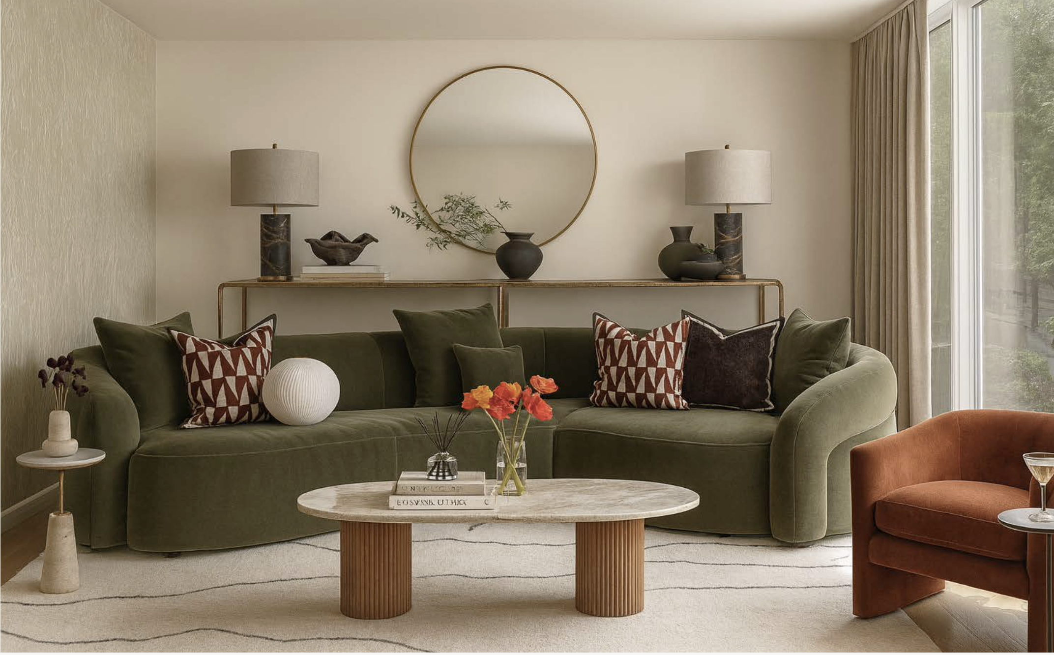 A living room with a green velvet sofa, accent pillows, a wood coffee table with flowers, and a wall shelf with lamps, vases, books, and a round mirror. Large windows with curtains.