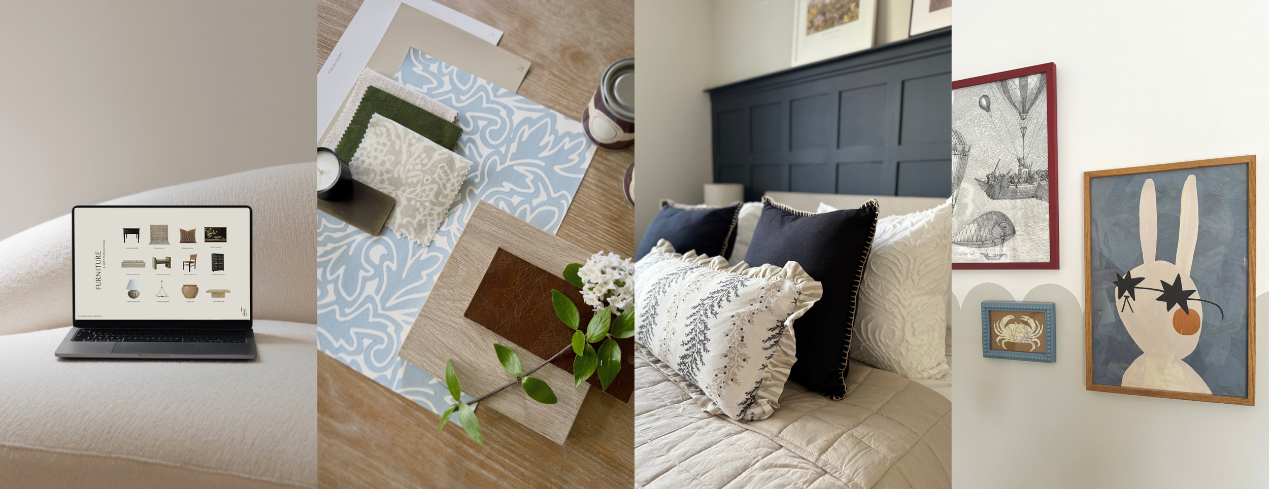 Collage of three images showing interior design elements: a laptop displaying furniture options on a beige sofa, a variety of fabric and paint samples on a wooden table, and a bedroom with navy and white bedding and black wall paneling, along with wall art.