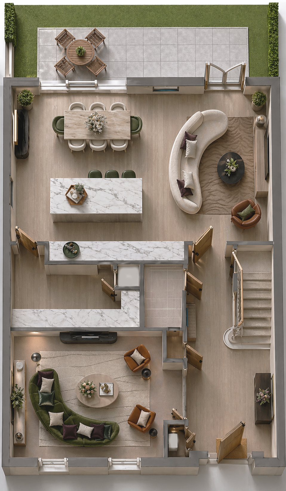 Overhead view of a modern living room and dining area with outdoor patio, featuring sofas, armchairs, a dining table with chairs, and a kitchen island.