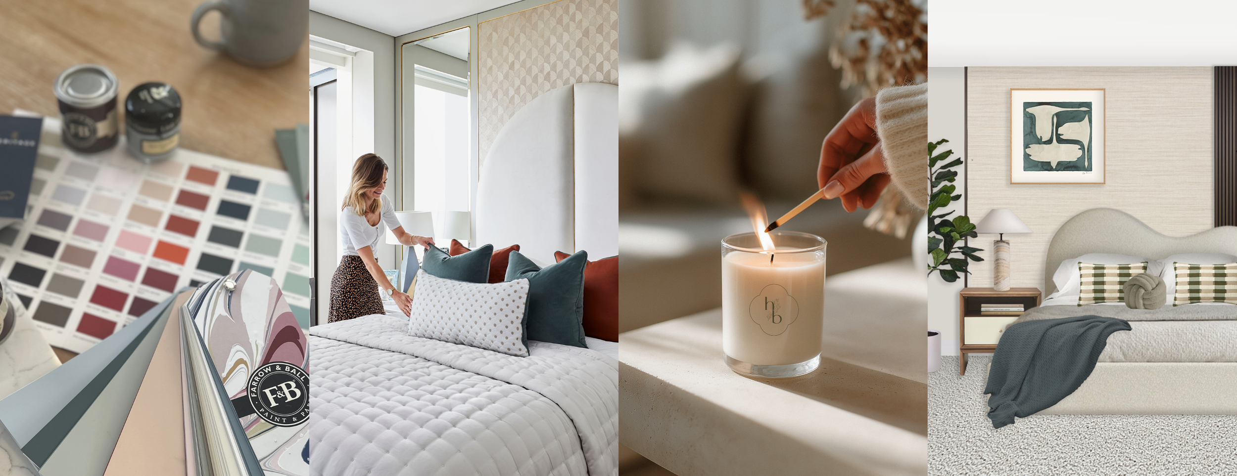 Collage of interior home decor images, including design samples, a woman decorating a bedroom with pillows, a person lighting a candle, and a styled bedroom with a modern headboard and artwork.