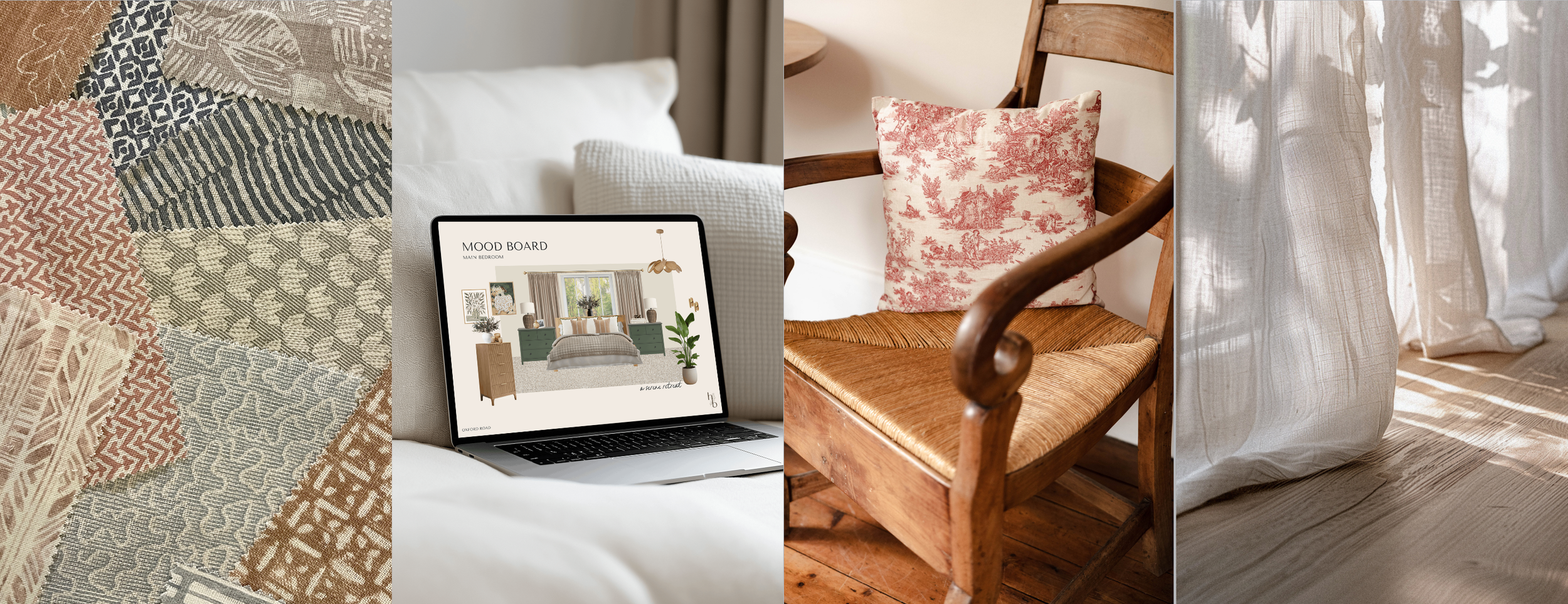 Decorative patchwork fabric designs, a white bed with pillows, a laptop displaying a mood board for bedroom decor, a wooden chair with a pink toile cushion, and sheer curtains casting light and shadow on a bedspread.