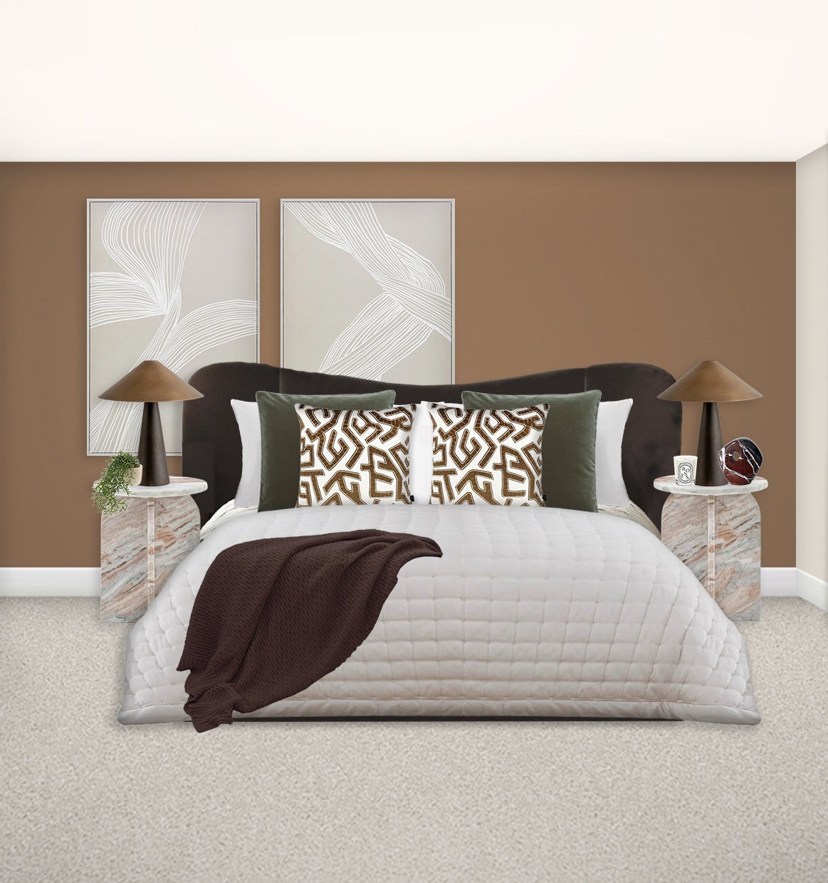 A neatly made bed with a black headboard, decorative pillows with geometric patterns, and a white quilt. Two side tables with marble bases and matching lamps with brown shades flank the bed. The wall behind the bed is painted brown and features two modern art pieces with white abstract lines.