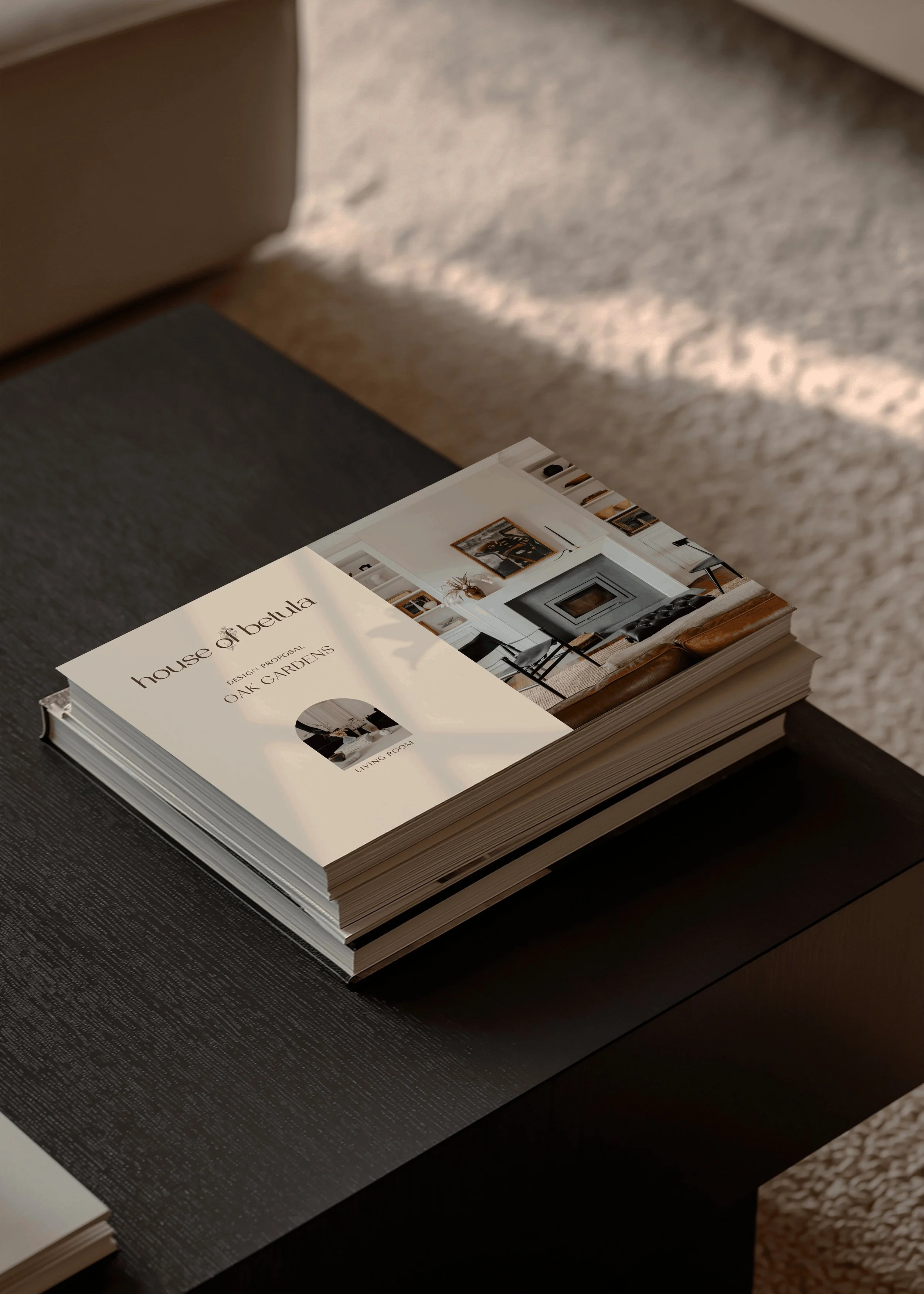 Open interior design proposal titled "House of Betula" with image of a contemporary living room, resting on a black wooden table.