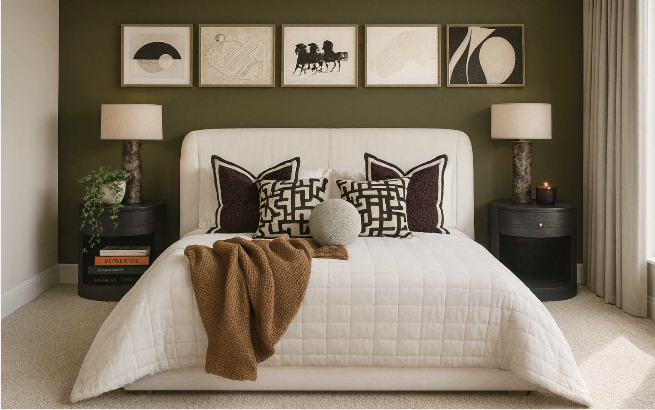 A neatly made bed with a quilted off-white bedspread, two decorative pillows with dark and light geometric patterns, and a brown knit throw blanket. On the bedside tables, there are matching lamps with cylindrical bases and beige shades, a small plan