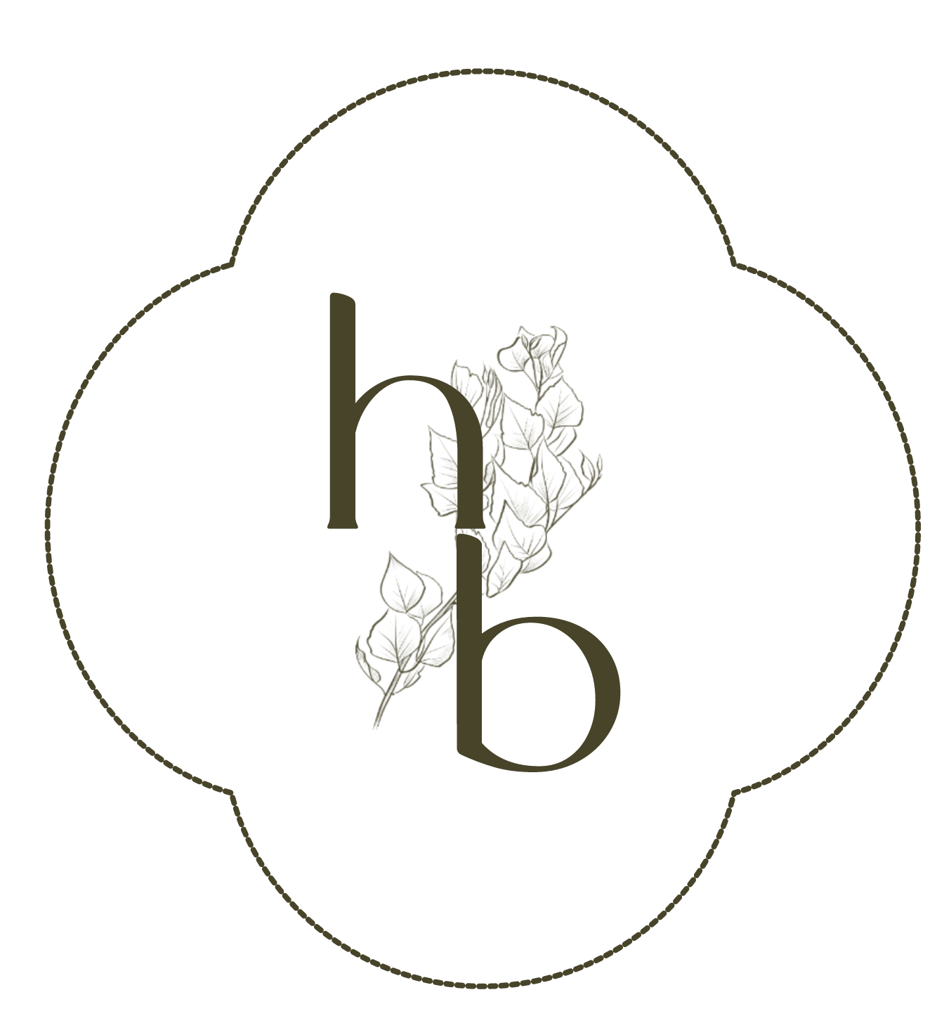 A logo with the letter 'h' and 'b' intertwined, surrounded by an illustration of a plant with leaves, all within a speech bubble shape.