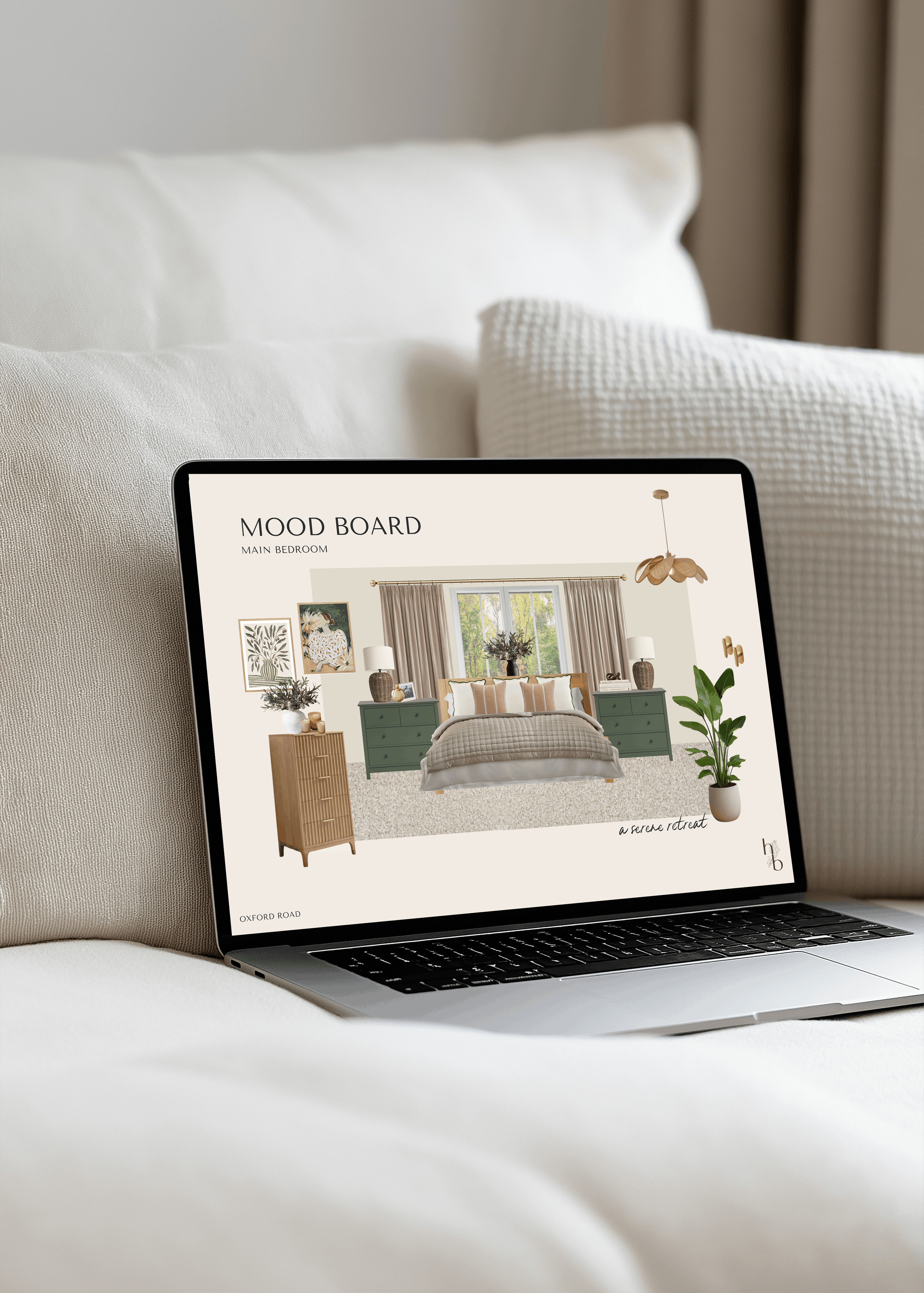 Laptop displaying a bedroom mood board on a white sofa with cushions.