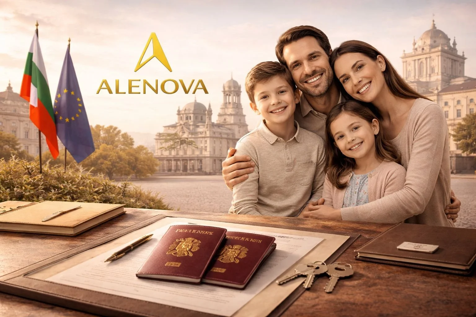 A family of four, a father, mother, and two children, smiling and hugging outdoors with historic European architecture and flags of Bulgaria and the European Union in the background. There are documents, a pen, and keys on a wooden table in the foreground.