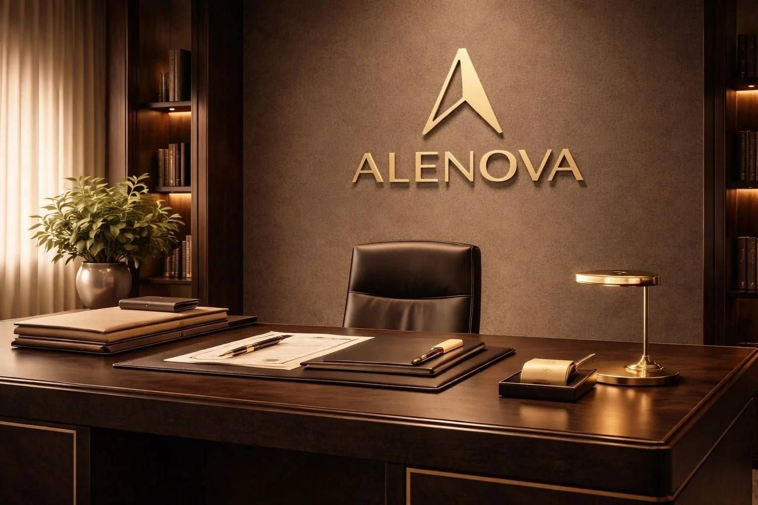 Modern office reception desk with the ALENOVA logo and name on the wall behind, a black leather chair, a potted plant, a desk lamp, and organized office supplies.