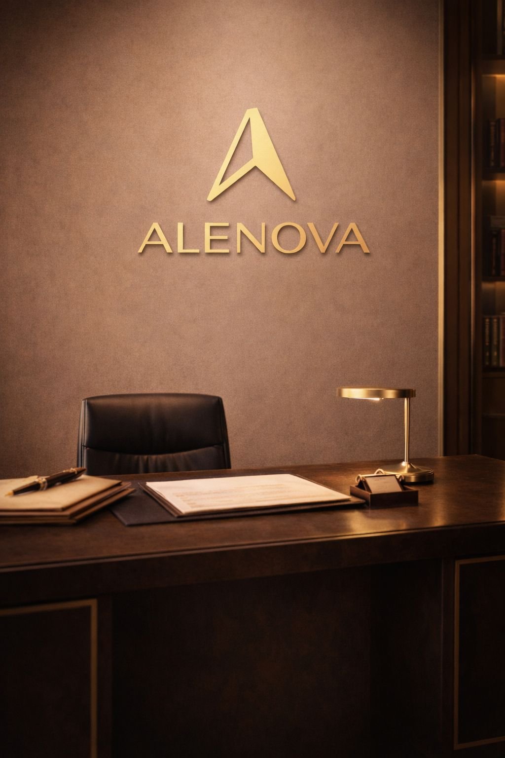 Modern office reception desk with a black leather chair, folders, papers, a gold desk lamp, and a logo with the word 'ALENOVA' on the wall behind it.