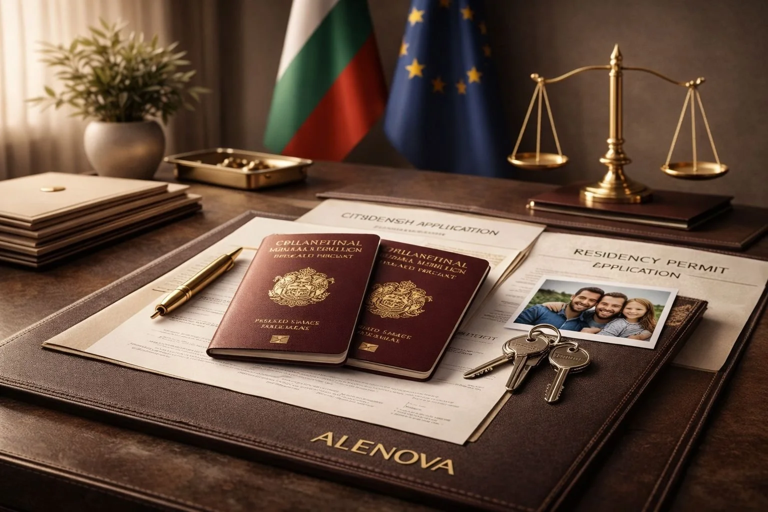 Desk with Australian passports, a gold pen, a family photo, keys, official documents, and flags of Bulgaria and the European Union in the background.