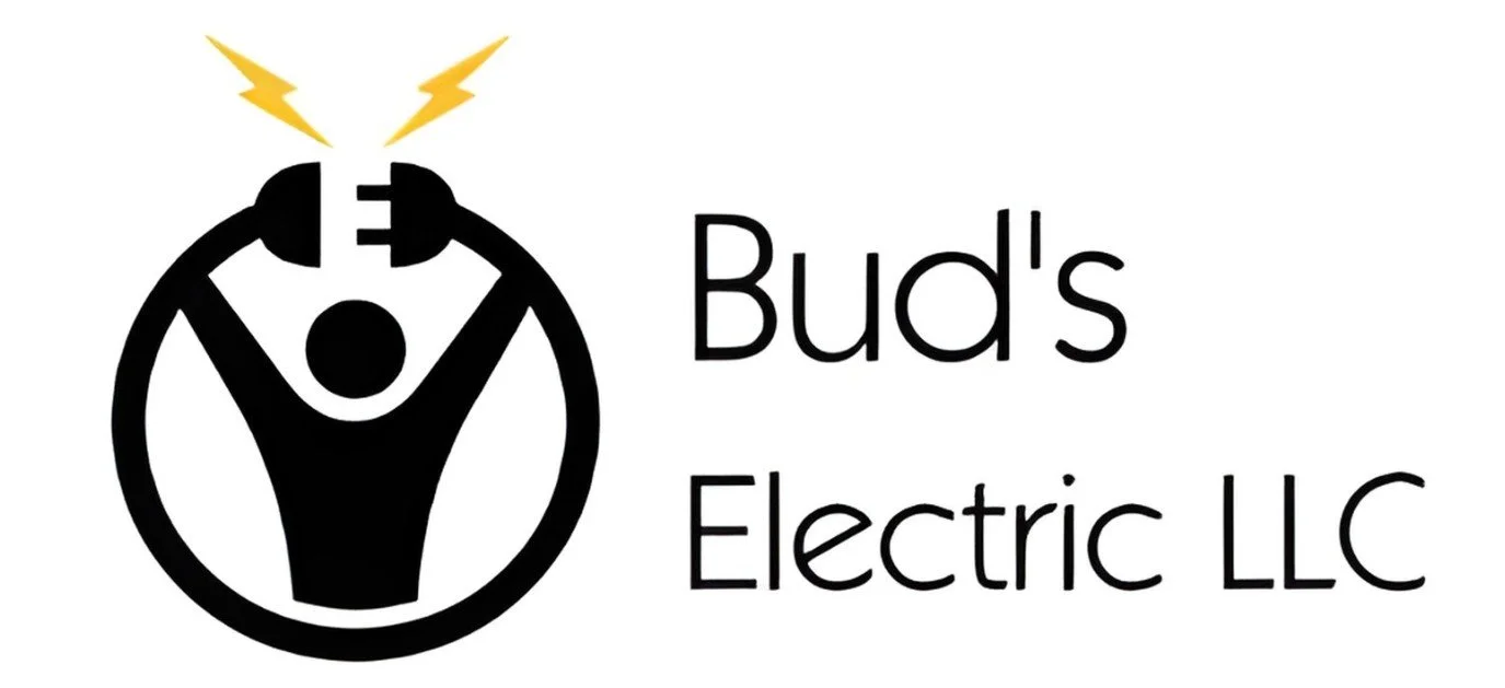 Logo for Bud's Electric LLC featuring a black human figure with arms raised inside a black circle, with yellow lightning bolts above, alongside text that reads 'Bud's Electric LLC'.