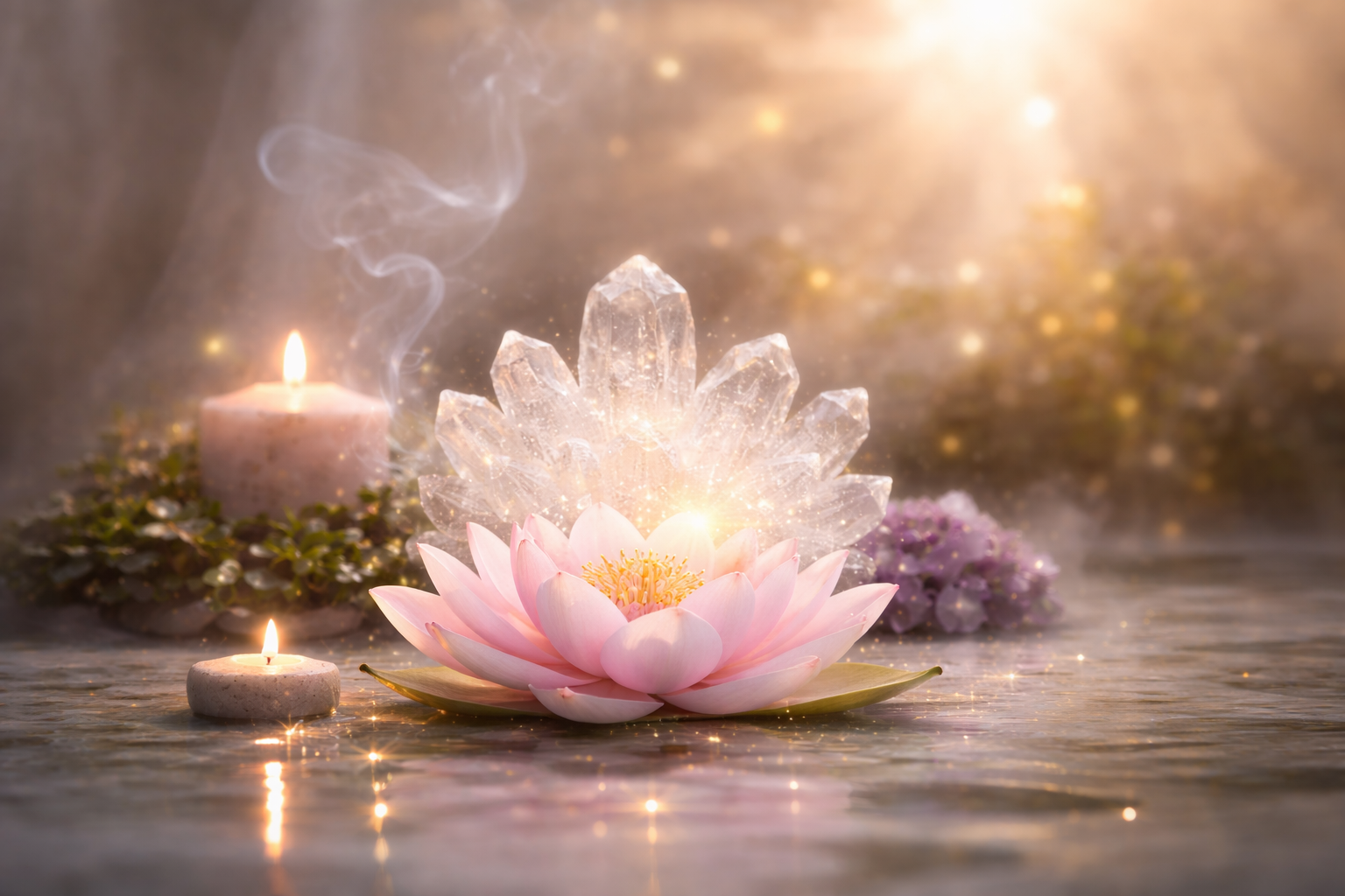 Eine pinke Lotusblume schwimmt auf Wasser, umgeben von Kerzen, einem Kristall und Blumen, mit sanftem Licht und Goldglanz im Hintergrund.