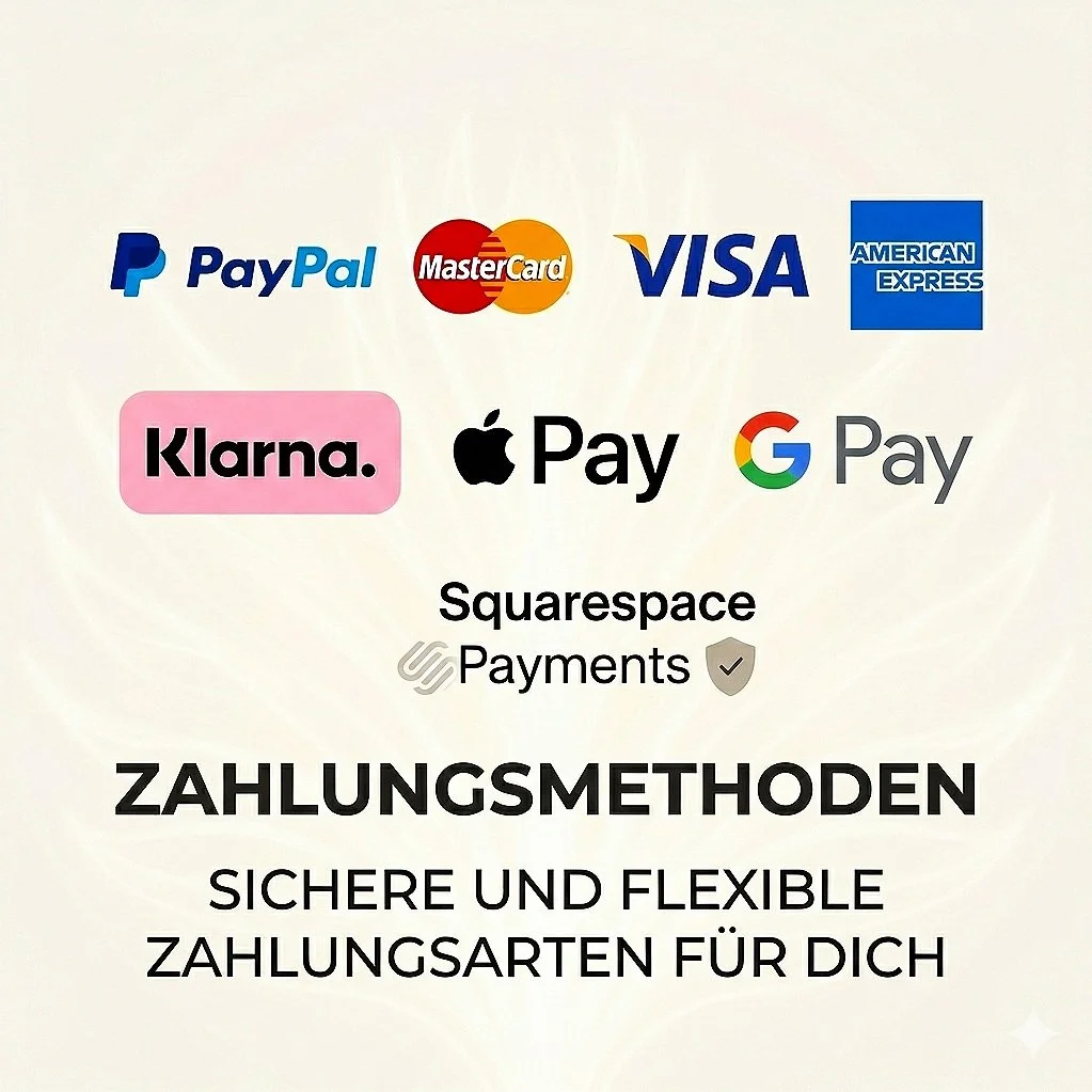 Übersicht über verschiedene Zahlungsmethoden, einschließlich PayPal, Mastercard, VISA, American Express, Klarna, Apple Pay, Google Pay, Squarespace Payments, mit dem Hinweis auf sichere und flexible Zahlungsarten.