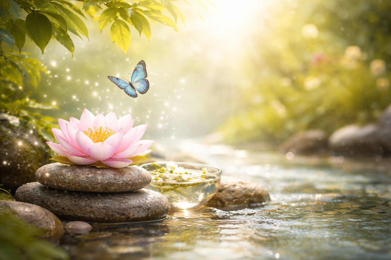Eine Wasser-Lilie auf Steinen in einem Fluss, eine blaue Schmetterling schwebt darüber, im Hintergrund Sonnenlicht und grüne Blätter.