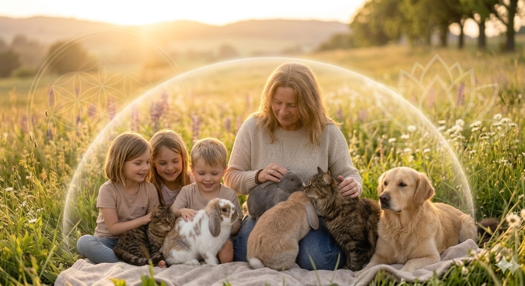 Eine Frau sitzt in einem Feld mit vier Kindern, umgeben von Hunden und Kaninchen, bei Sonnenuntergang.
