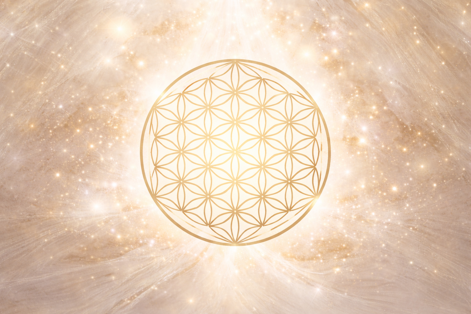 Eine goldene, geometrische Blume des Lebens im Mittelpunkt eines leuchtenden kosmischen Hintergrunds.