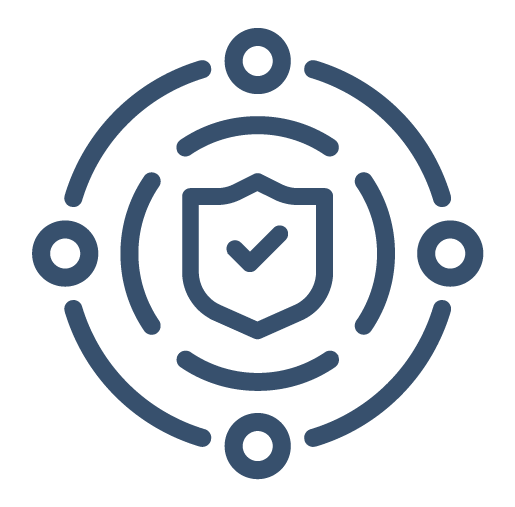 Icon of a shield with a checkmark inside, surrounded by a circular network or security design.