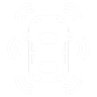 Icon of a car surrounded by sensors indicating autonomous driving