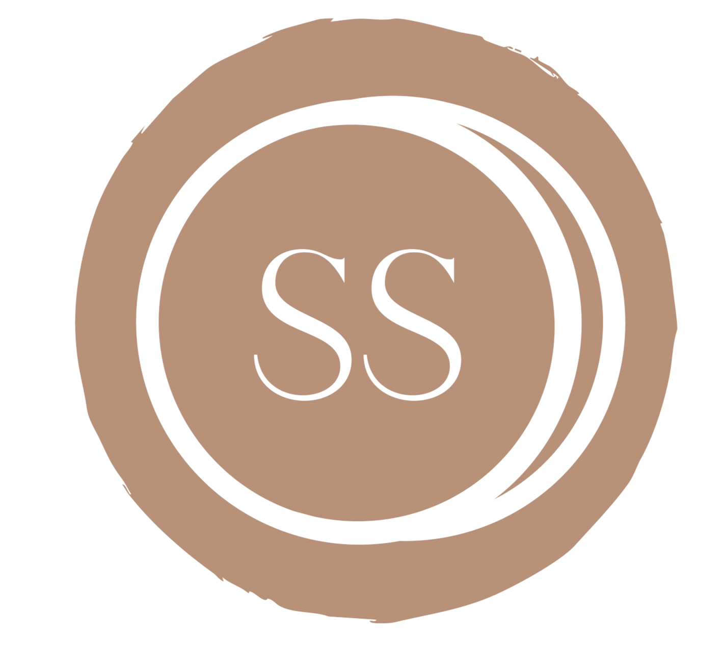 Close-up of a circular logo with the initials 'SS' in the center, surrounded by a beige and black color scheme.