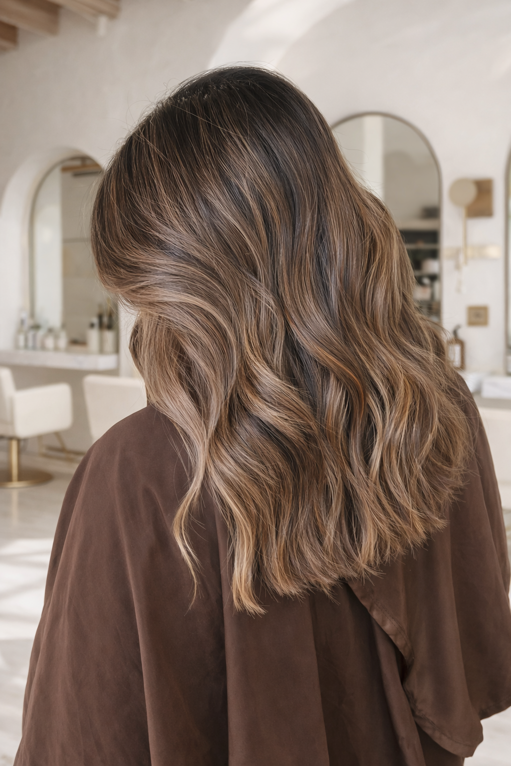 A person with long, wavy, light brown hair with subtle highlights, seen from the back, sitting in a modern, well-lit interior space.