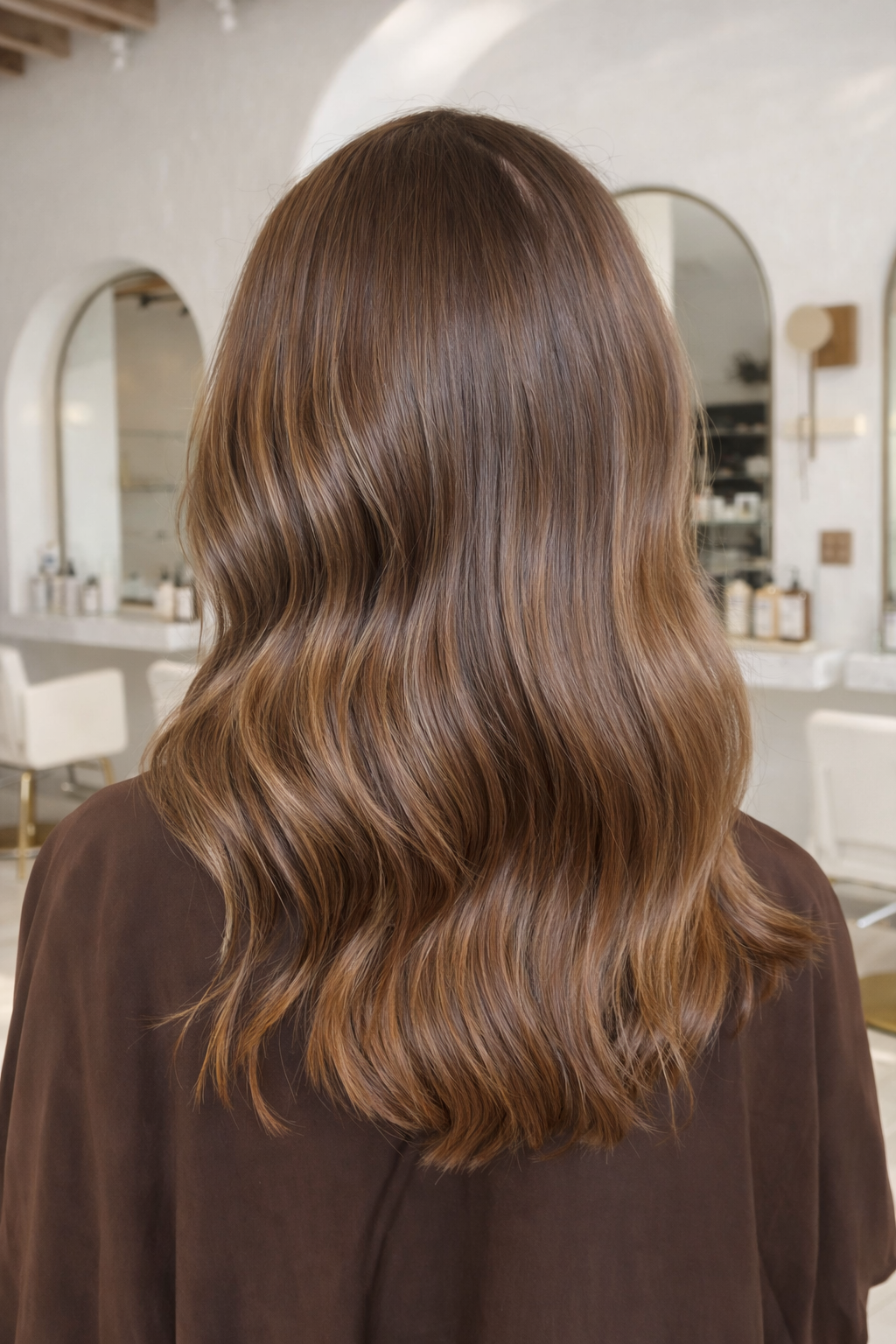 The image shows the back of a person with shoulder-length, shiny, wavy light brown hair, inside a modern salon with white walls and large mirrors.