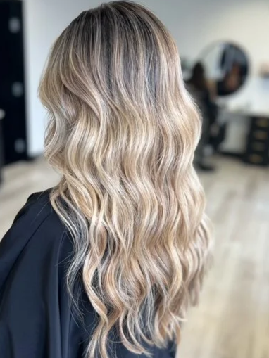 Blonde wavy hair viewed from the back in a salon setting.