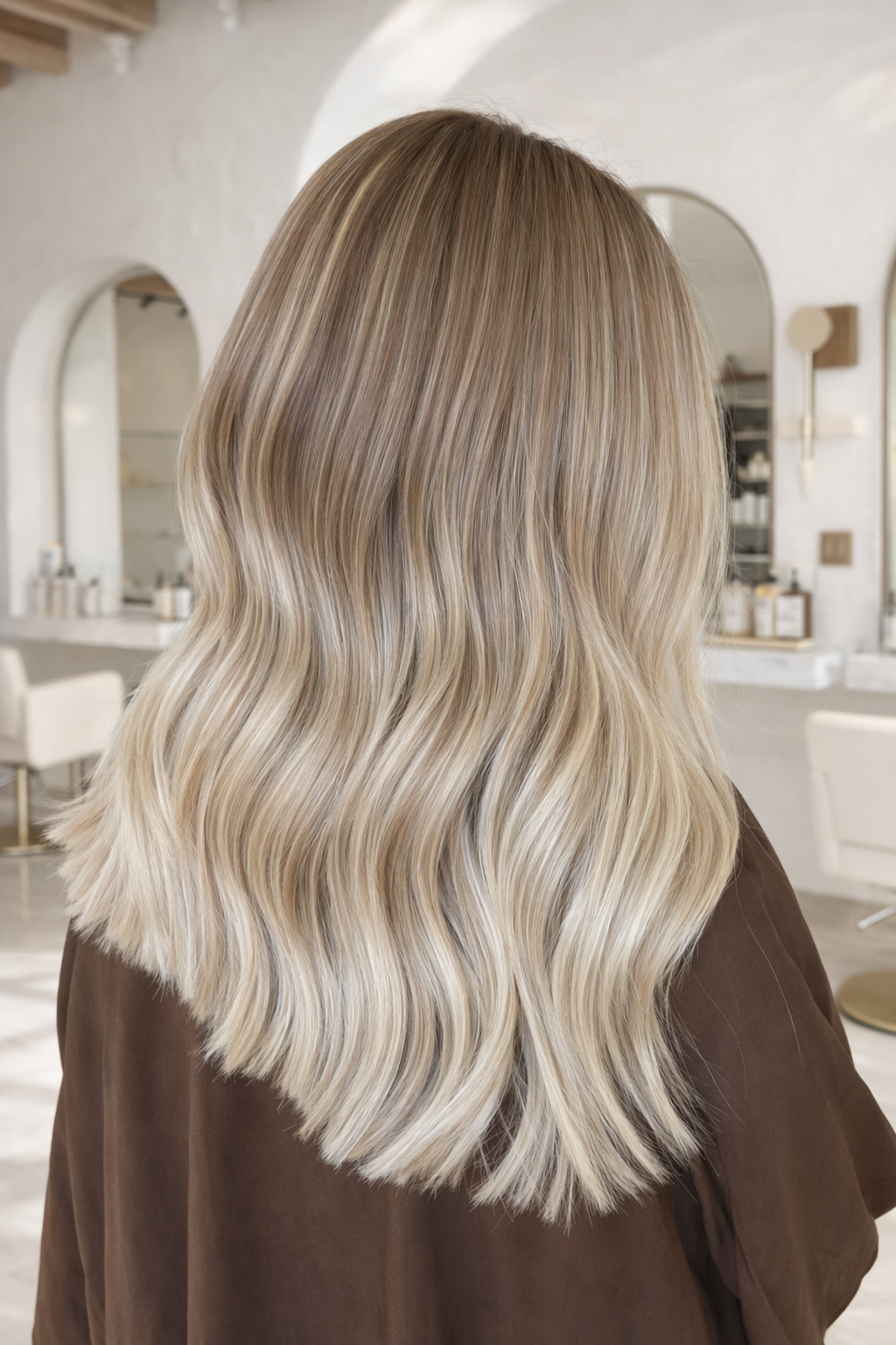 Blonde hair styled in loose waves in a hair salon with mirrors and chairs in the background