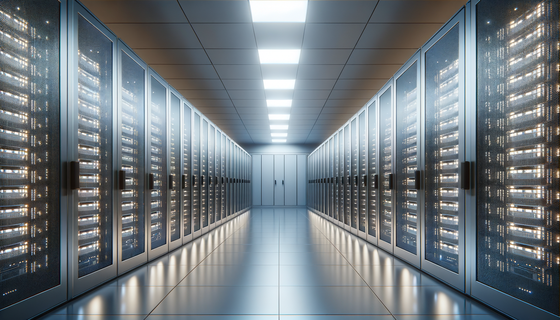 A corridor of server racks in a data center with illuminated lights and reflective floor.